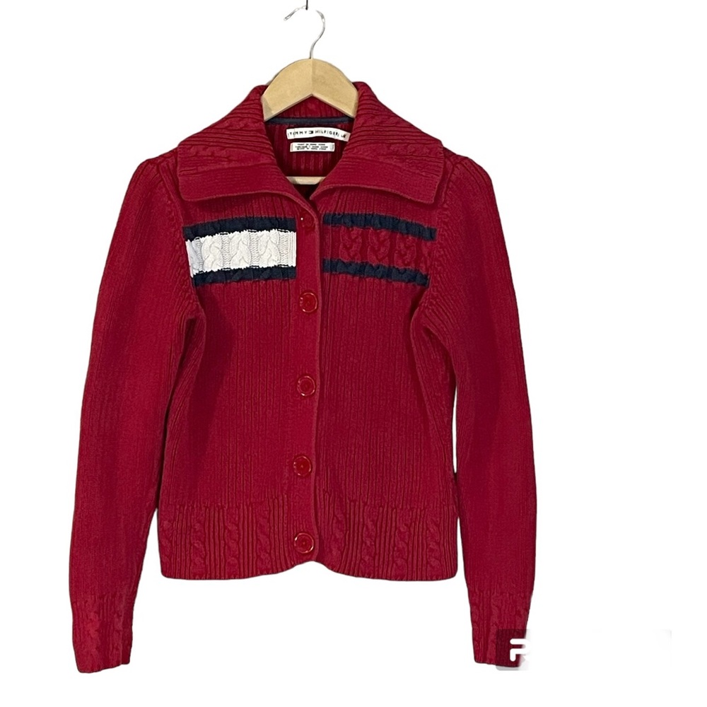 Tommy Hilfiger cable knit full button front,classic Tommy colors. Women’s Large.